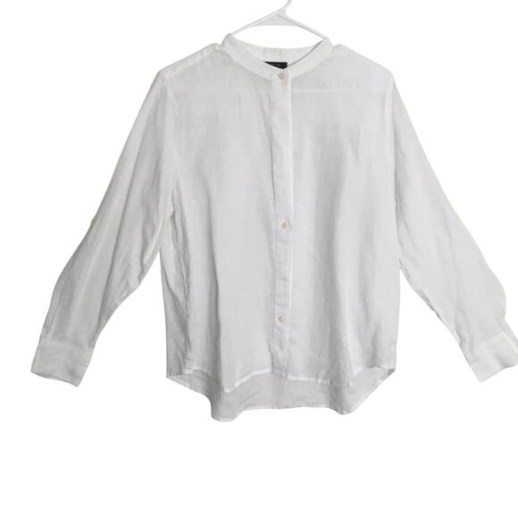Ann Taylor LOFT Women's Blouse White Long Sleeve Semi Sheer Button Up Sz L linen - Picture 1 of 7